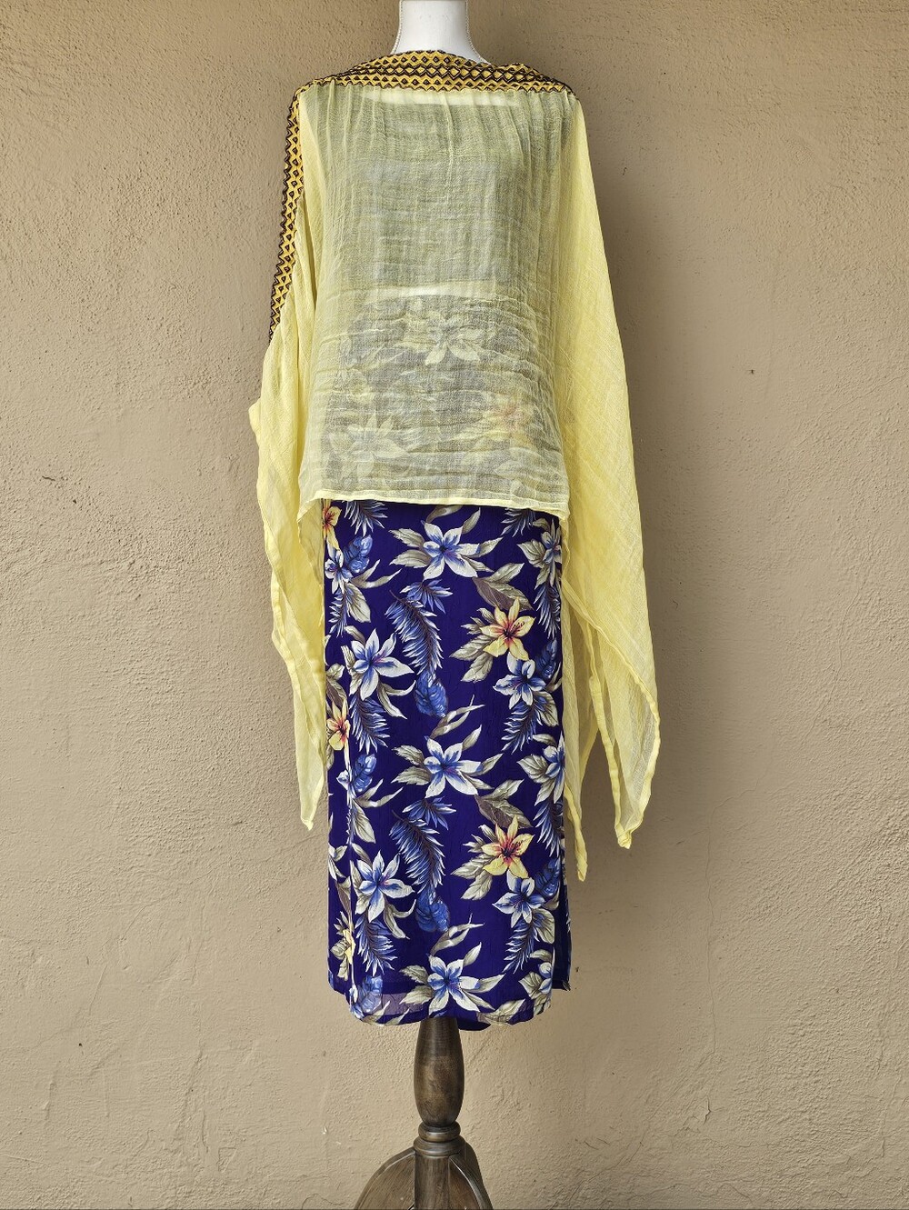 Yellow Gauzy Sheer Shawl W/ A Purple Trim Border Along the Top